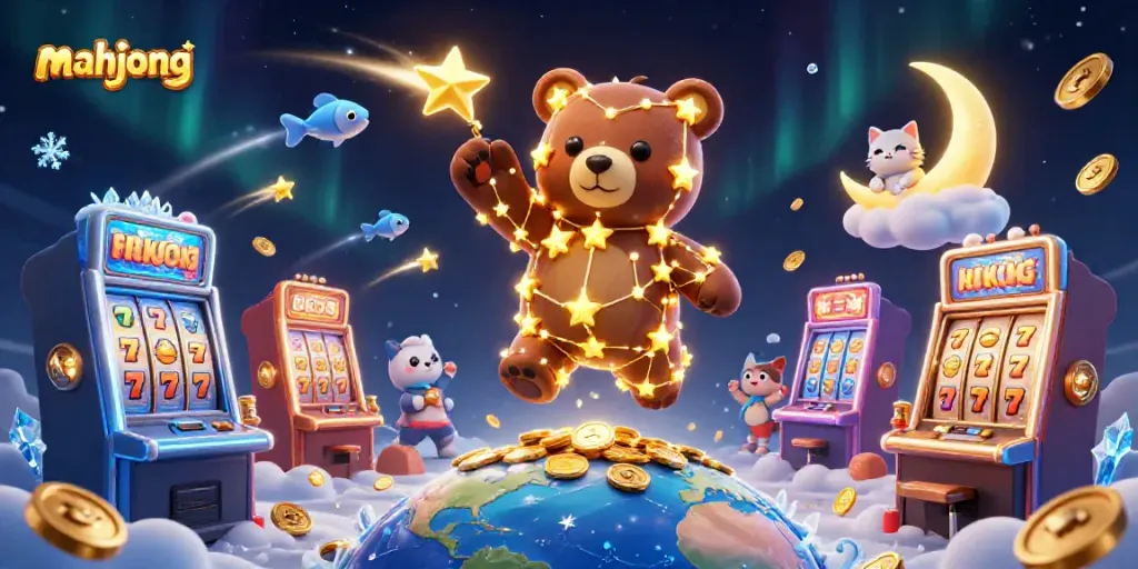 Pemain mahjong menang jackpot sambil bersenang-senang dengan elemen slot yang menawan dan karakter lucu.