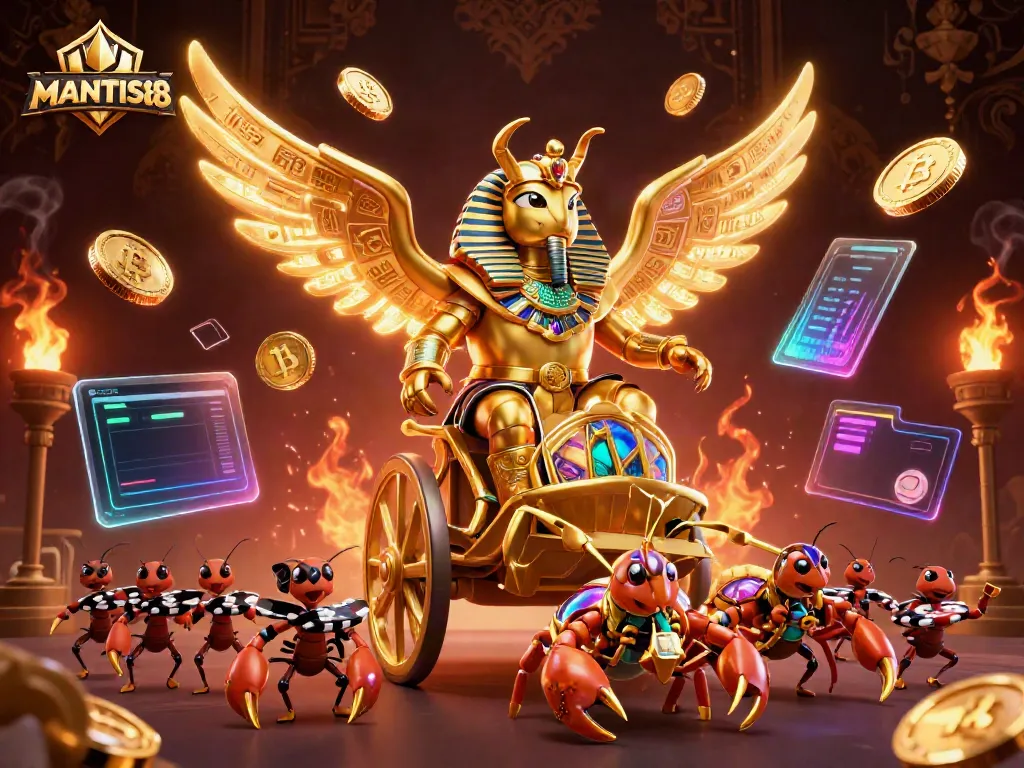 MANTIS88 gaming scene with a golden scarab beetle, slot symbols, and vibrant crypto elements.