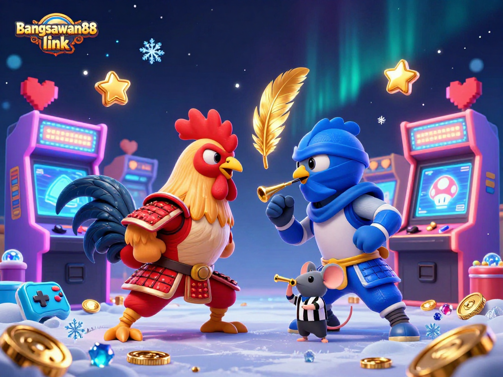 Experience the excitement of bangsawan88 link with a vibrant roosters' showdown in this dynamic casino illustration.
