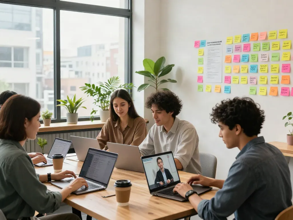 Engaged professionals collaborating in a modern space while หางาน online.
