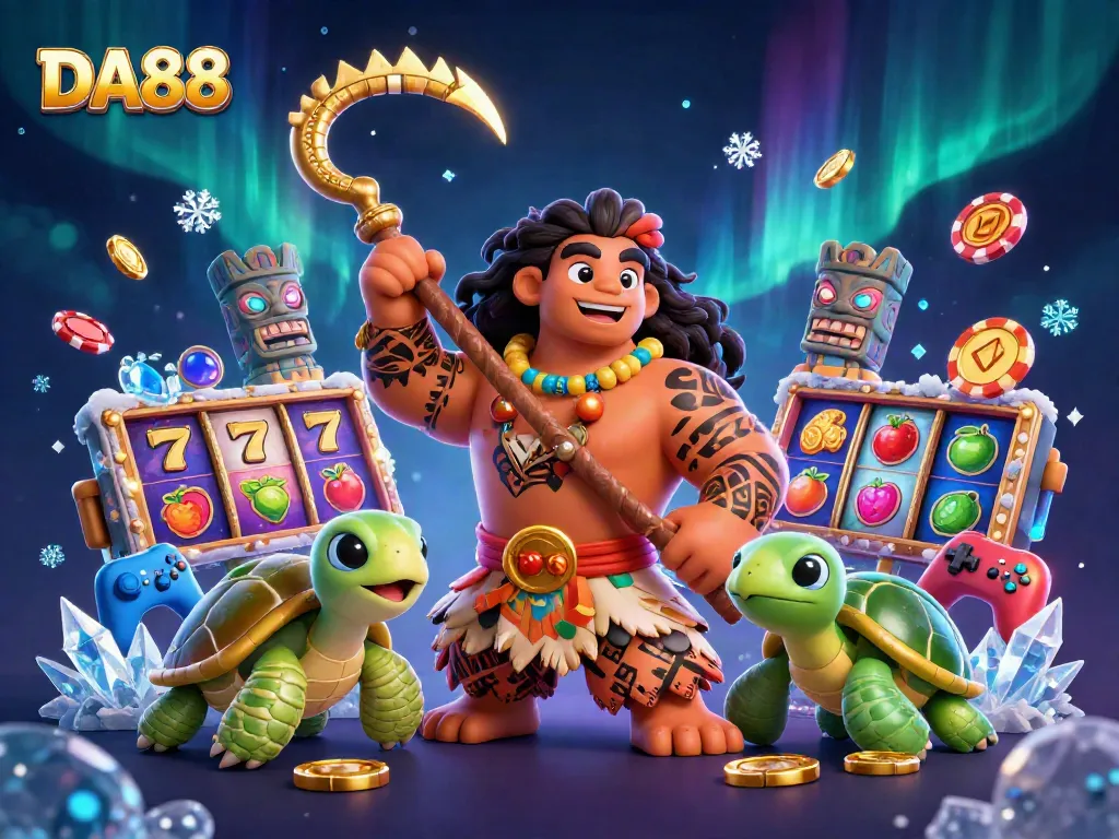 DA88 showcases vibrant slot reels with lucky 7s, a demigod hawk, and a turtle in a dynamic casino scene.