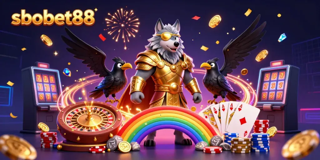 Engage with sbobet88's vibrant and dynamic betting scene featuring Odin and his ravens amid casino elements.