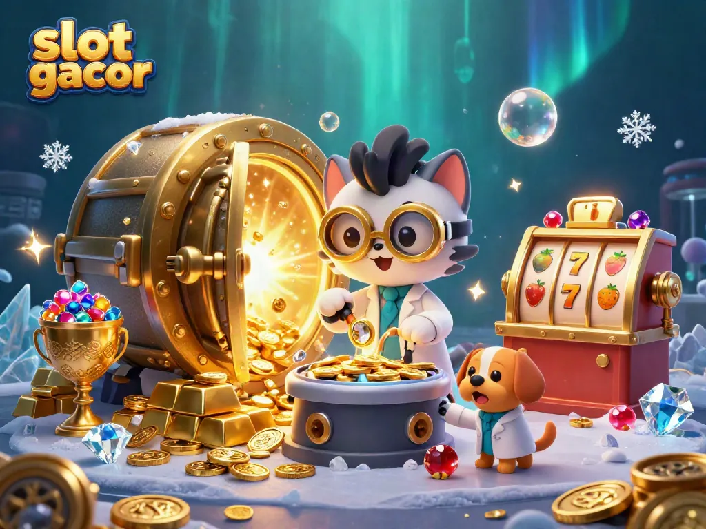 Ilustrasi 3D slot gacor menunjukkan kucing ilmuwan gila dan anjing setia di lab dengan mesin koin.