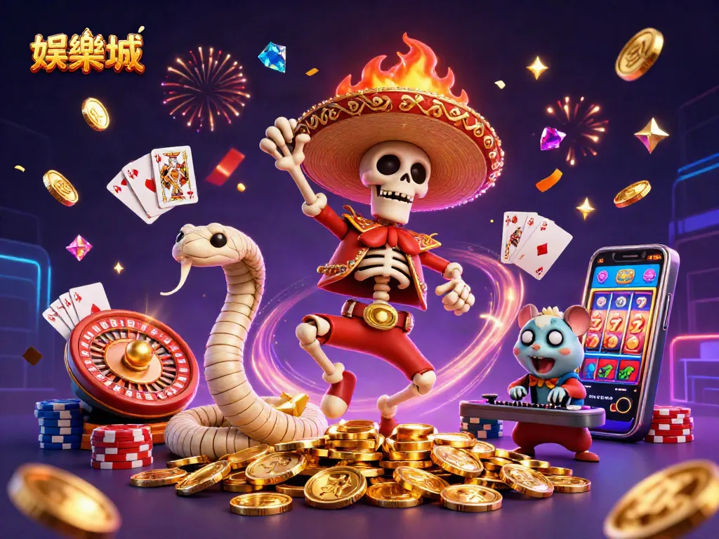 娛樂城中的卡通角色慶祝勝利，金幣飛舞，營造生動的賭博氛圍