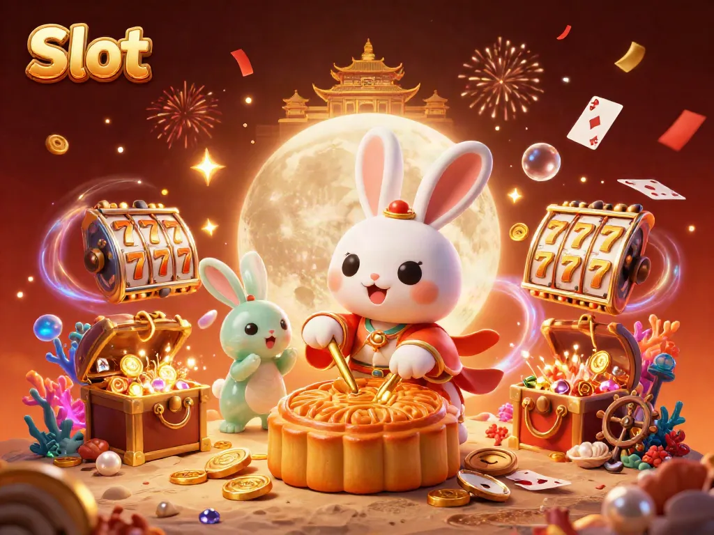 Spin the reels on a vibrant Slot scene filled with lunar rabbits and festive poker chips.