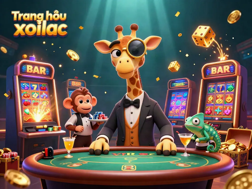 Experience exciting gameplay on Trang chủ xoilac with a vibrant illustration of cartoon characters at a casino.