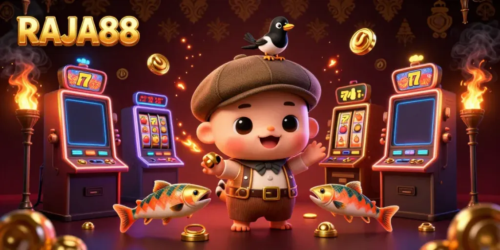 Gambarkan RAJA88 di dunia perjudian dengan slot, karakter lucu, dan elemen emas.