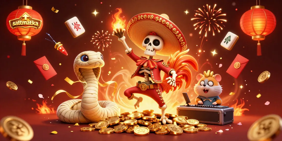 Sattmataka victory scene with animated characters celebrating gambling wins, featuring gold coins and festive elements