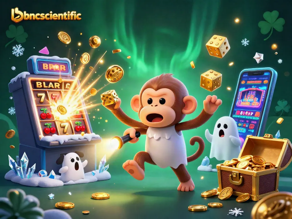 Experience the thrill at bncscientific with a lively illustration of a mischievous monkey juggling golden casino items in a haunted setting.