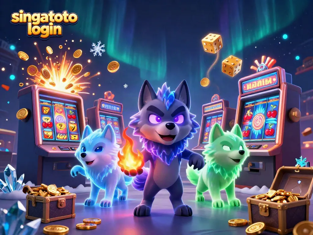 Experience the thrill of singatoto login with vibrant 3D casino visuals showcasing dynamic slot machines and energetic wolf characters.