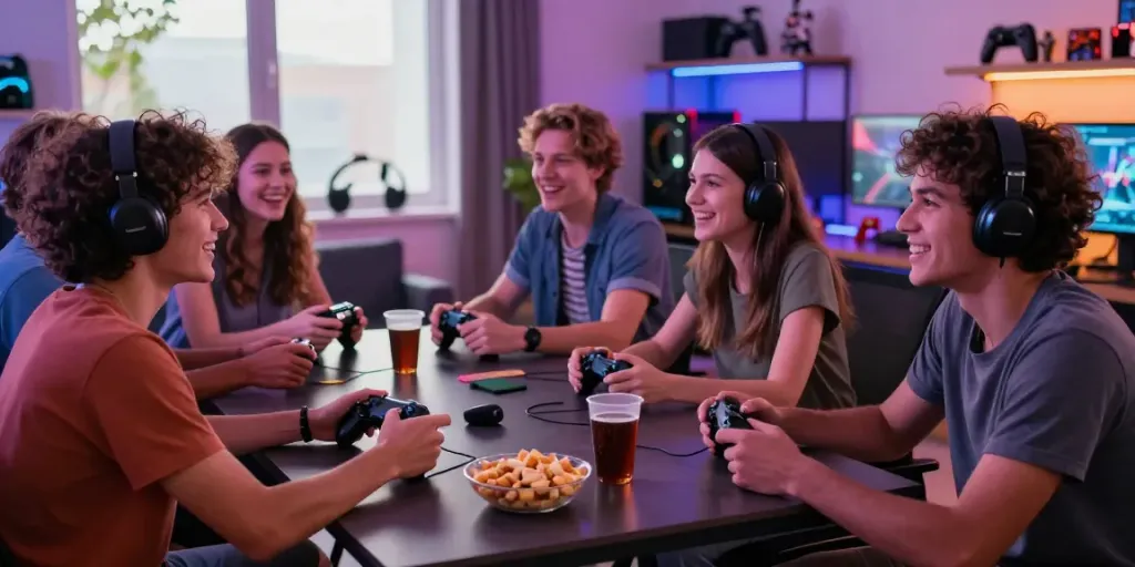 Akujp slot gaming night with friends enjoying intense gameplay, snacks, and glowing LED lights