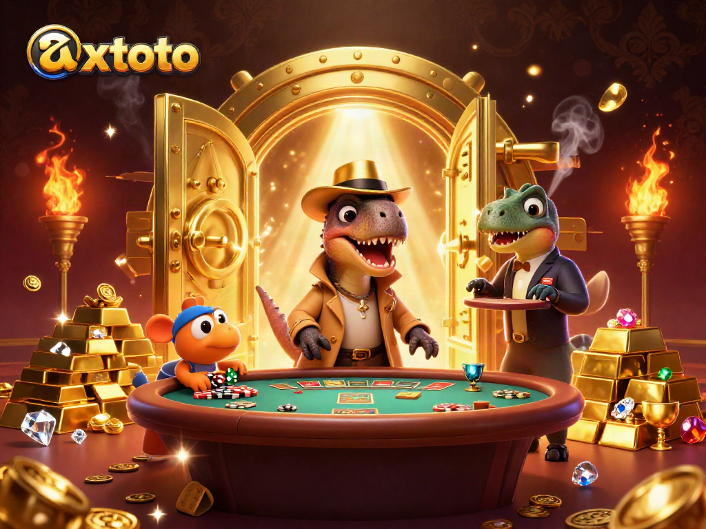 xxtoto menikmati suasana kasino, velociraptor di meja blackjack dikelilingi harta karun berkilauan.