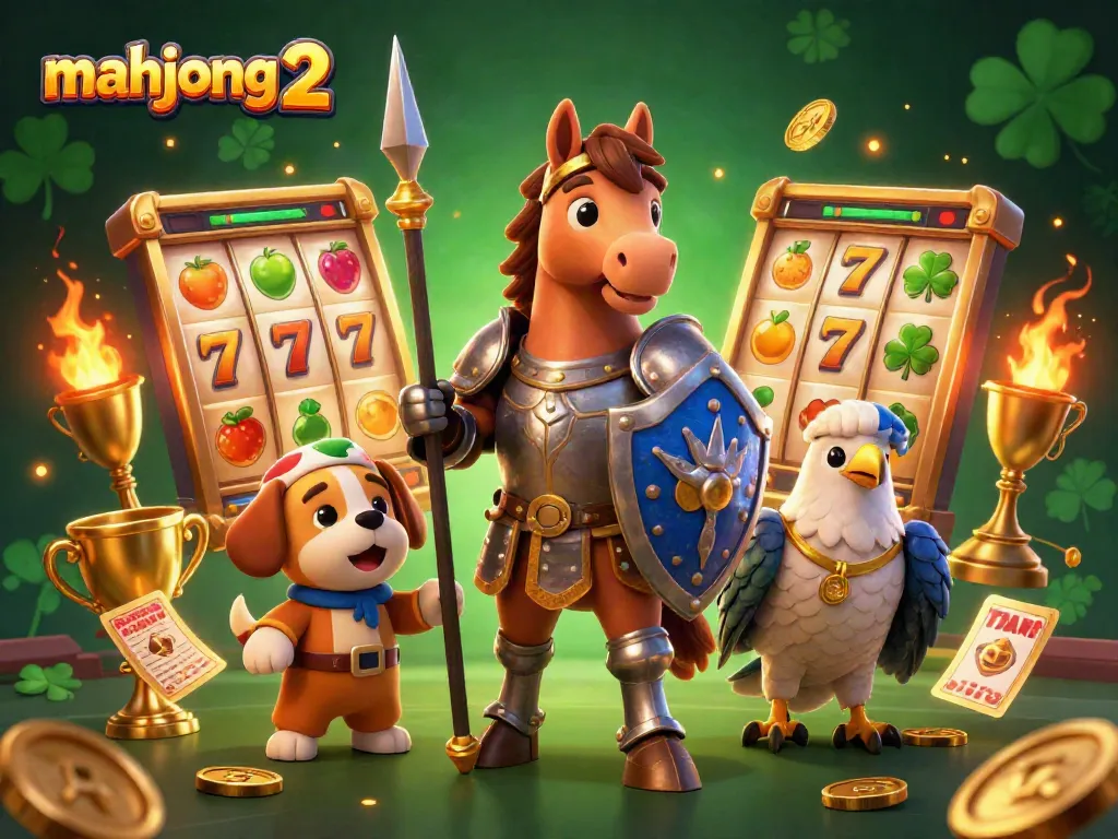 Experience mahjong 2 with exciting slot elements and characters in this dynamic 3D scene.