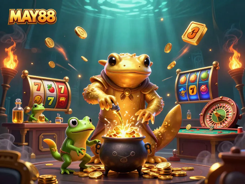 MAY88 showcases a dynamic scene with a golden salamander alchemist and casino elements creating winning opportunities.