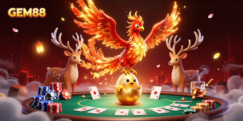 Experience GEM88’s thrilling casino atmosphere with vibrant phoenix, poker elements, and rich details.