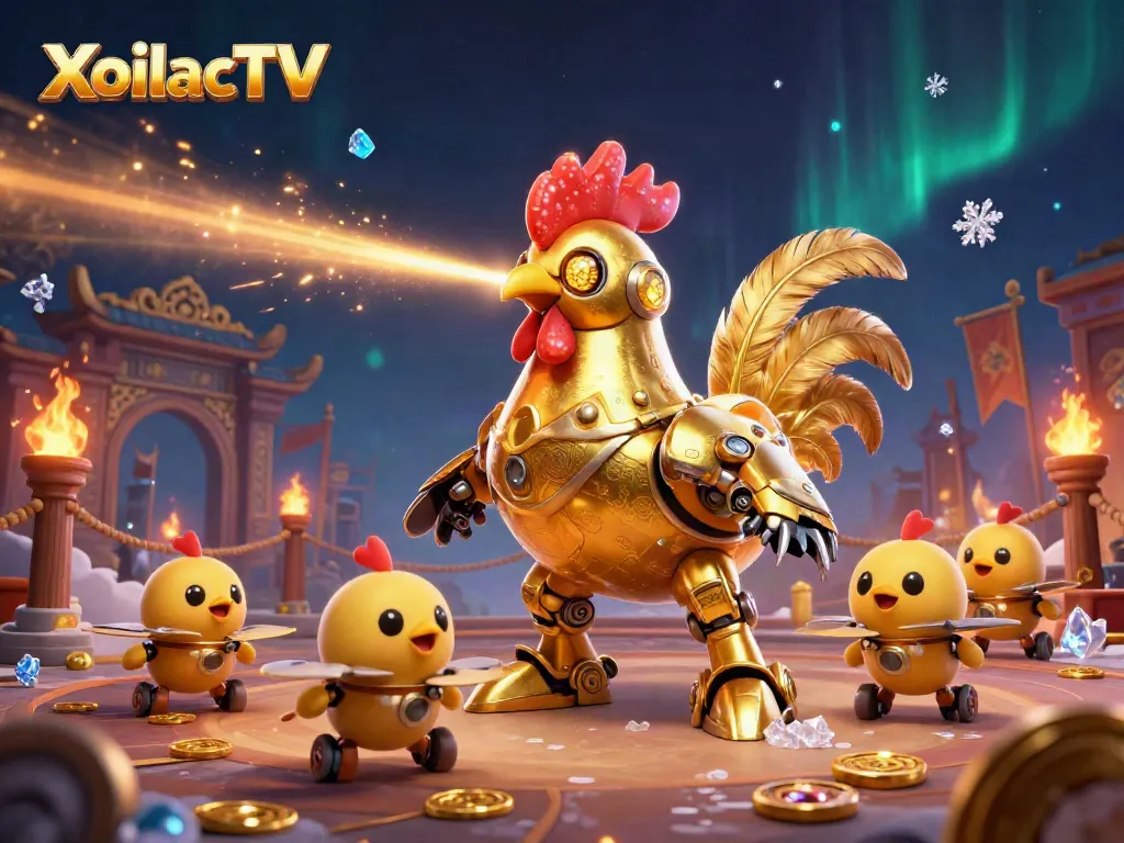 XoilacTV showcases an engaging 3D illustration of a golden rooster robot and baby chicks in a vibrant casino scene.