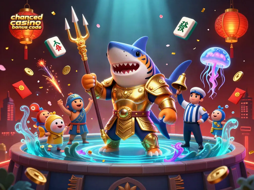 Engage with the excitement of the chanced casino bonus code, featuring a golden gladiator shark and festive elements.