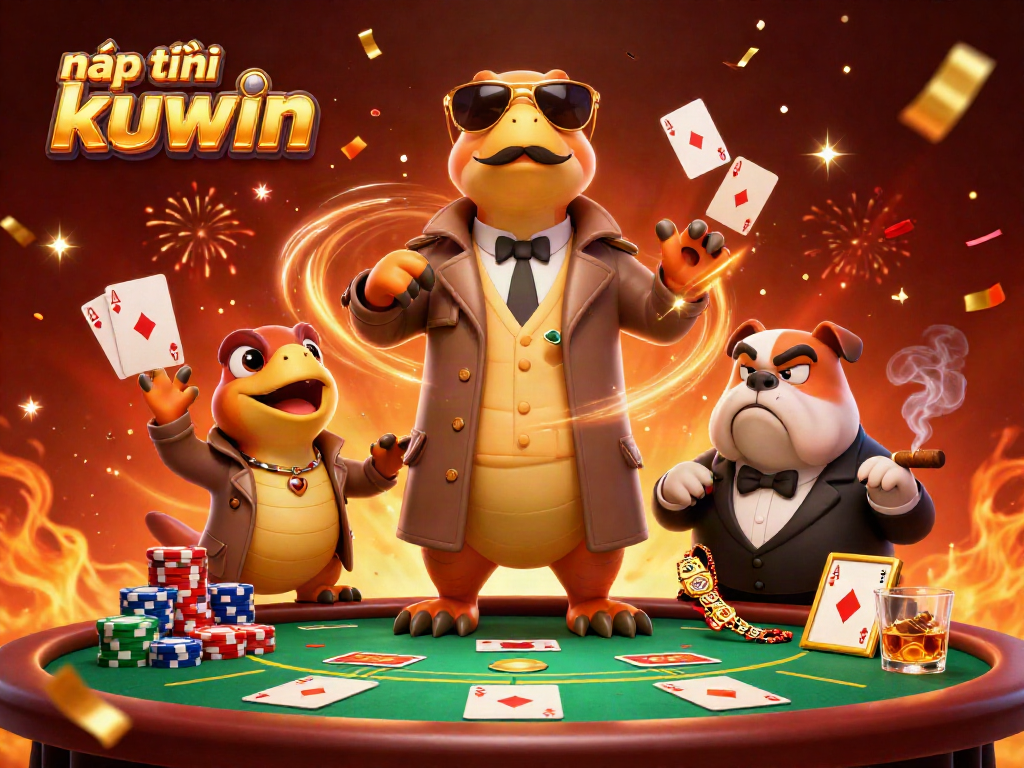 Engage in nạp tiền kuwin as cartoon raptors sneak into a casino, surrounded by poker elements.