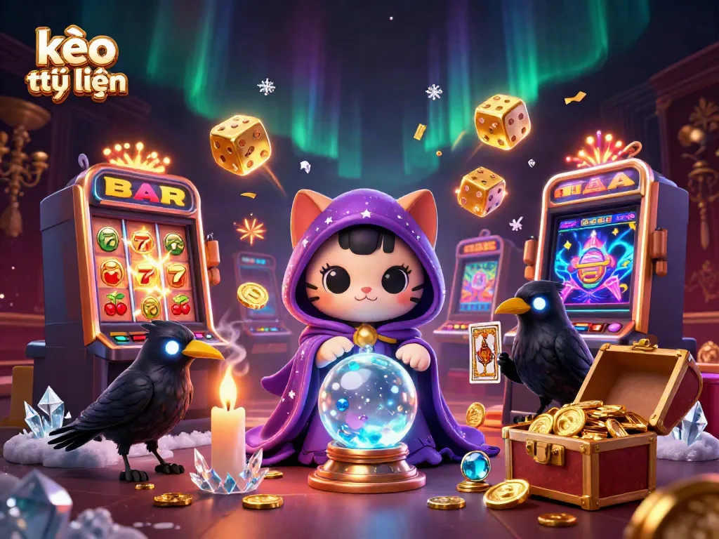 Engage with kèo trực tuyến in this vibrant scene of a mystical fortune teller cat and raven amidst a jackpot explosion.
