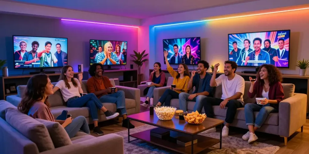 Penggemar MENANG66 menonton acara TV dan film favorit bersama, suasana menyenangkan.