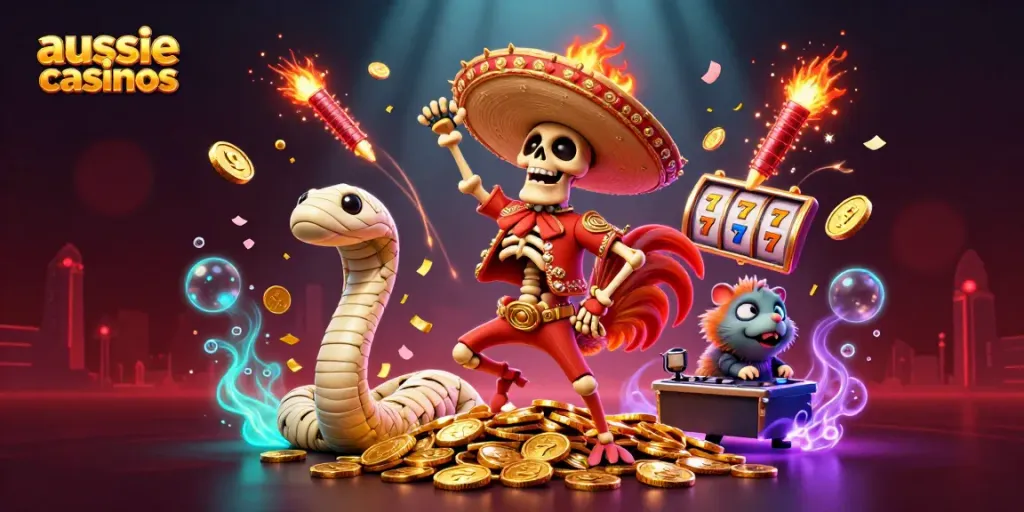 Dynamic scene of aussie casinos with a mariachi rooster, mummy snake, and DJ hamster celebrating on coins.