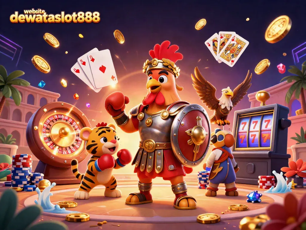 Menggoda kemenangan di website dewataslot888 dengan ilustrasi kartun 3D yang menampilkan ayam jantan gladiator dan elemen kasino yang meriah.