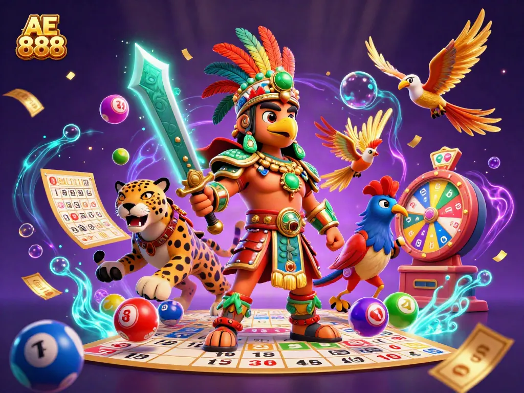 Experience exciting gameplay with AE 888, featuring dynamic characters and lively casino visuals.