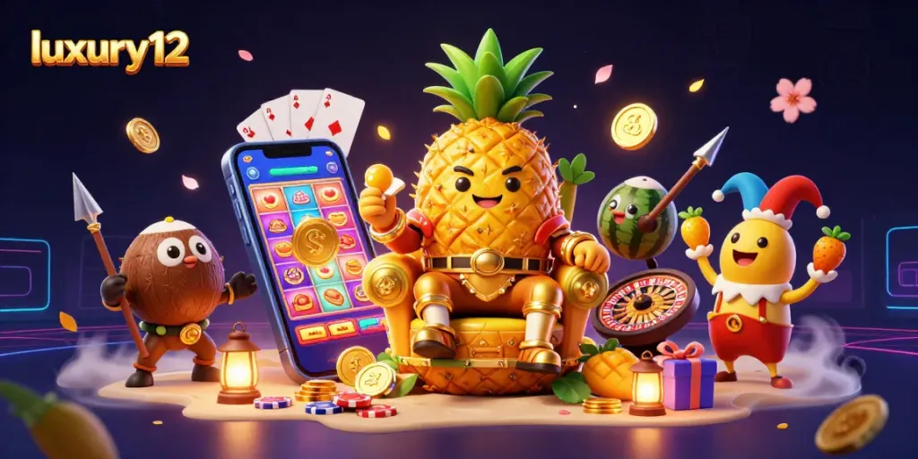 Ilustrasi kasino dengan karakter luxury12 sebagai raja nanas emas dan para penjaga kelapa, menampilkan permainan menarik.