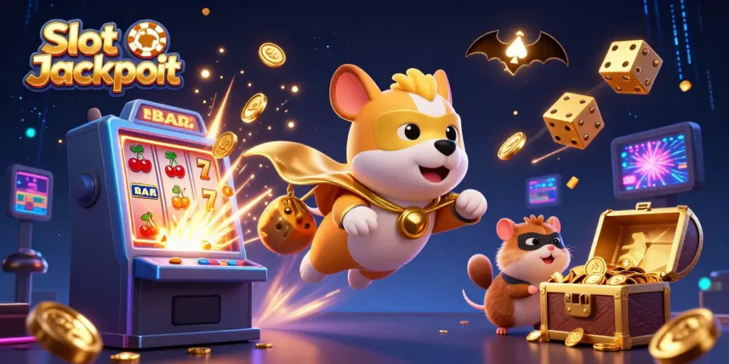 Engage in thrilling Slot Jackpot wins with a dynamic illustration featuring a superhero dog and exciting casino elements.
