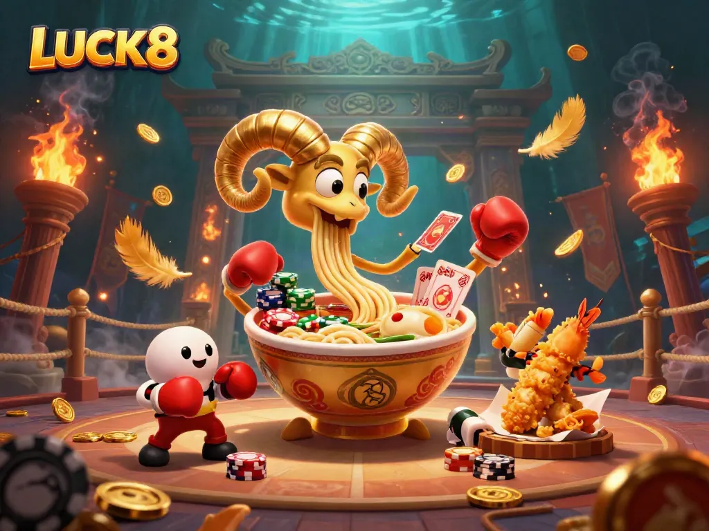 Join the excitement at LUCK8 with a giant ramen bowl dealer, sushi roll tokens, and thrilling casino action.