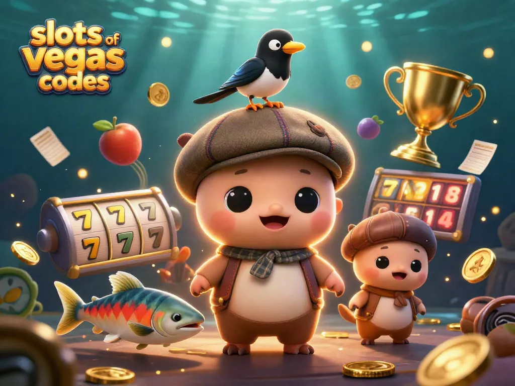 Engage with slots of vegas bonus codes illustrated in a vibrant 3D scene with adorable characters and dynamic elements.