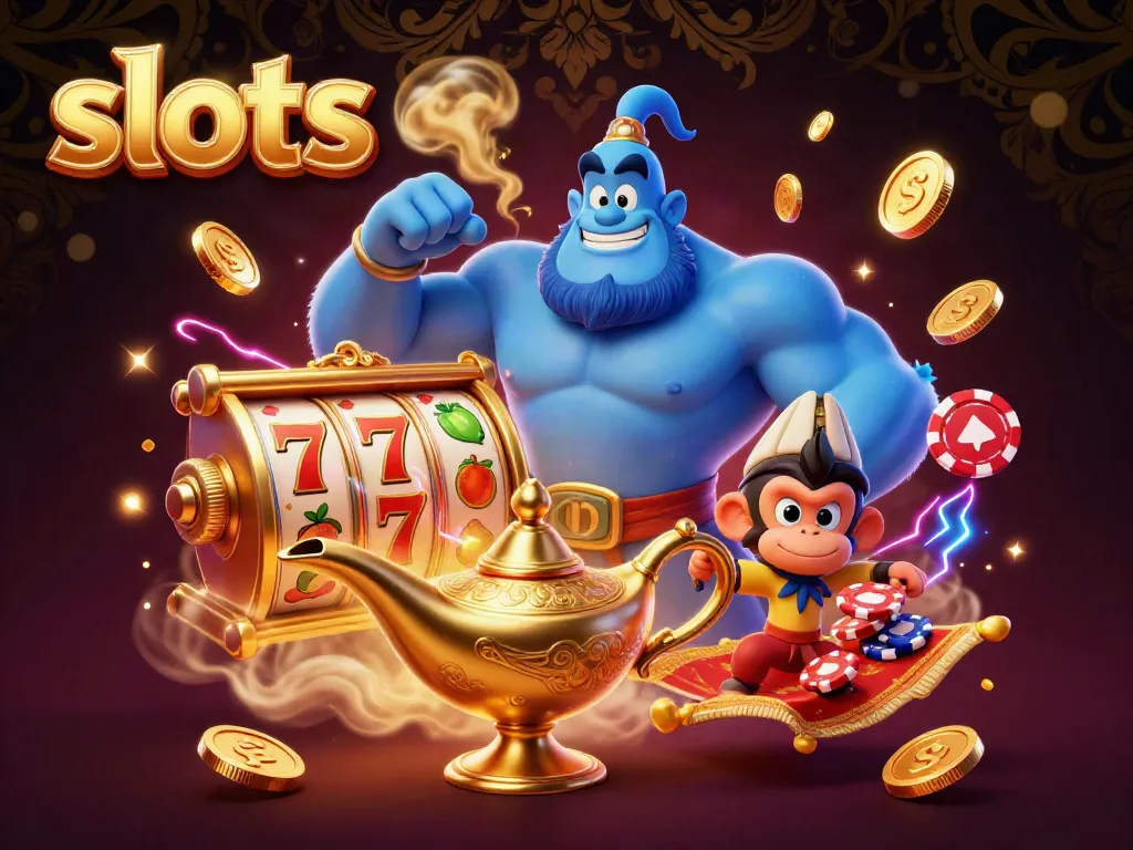 Experience thrilling slots action with a genie, monkey, and vibrant game elements.