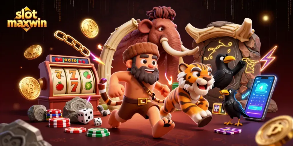 Experience the excitement of slot maxwin with a 3D caveman and sabertooth duo in a vibrant casino scene.