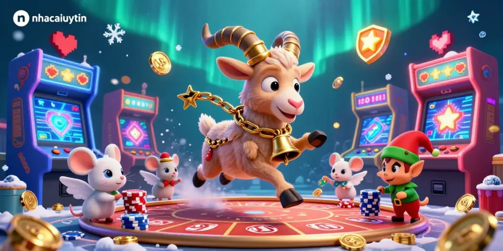 Engage with nhacaiuytin in a playful casino scene featuring cartoon characters and vibrant gaming elements.