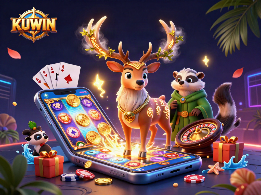 KUWIN engaging players with vibrant slot game features in an enchanting 3D casino scene.