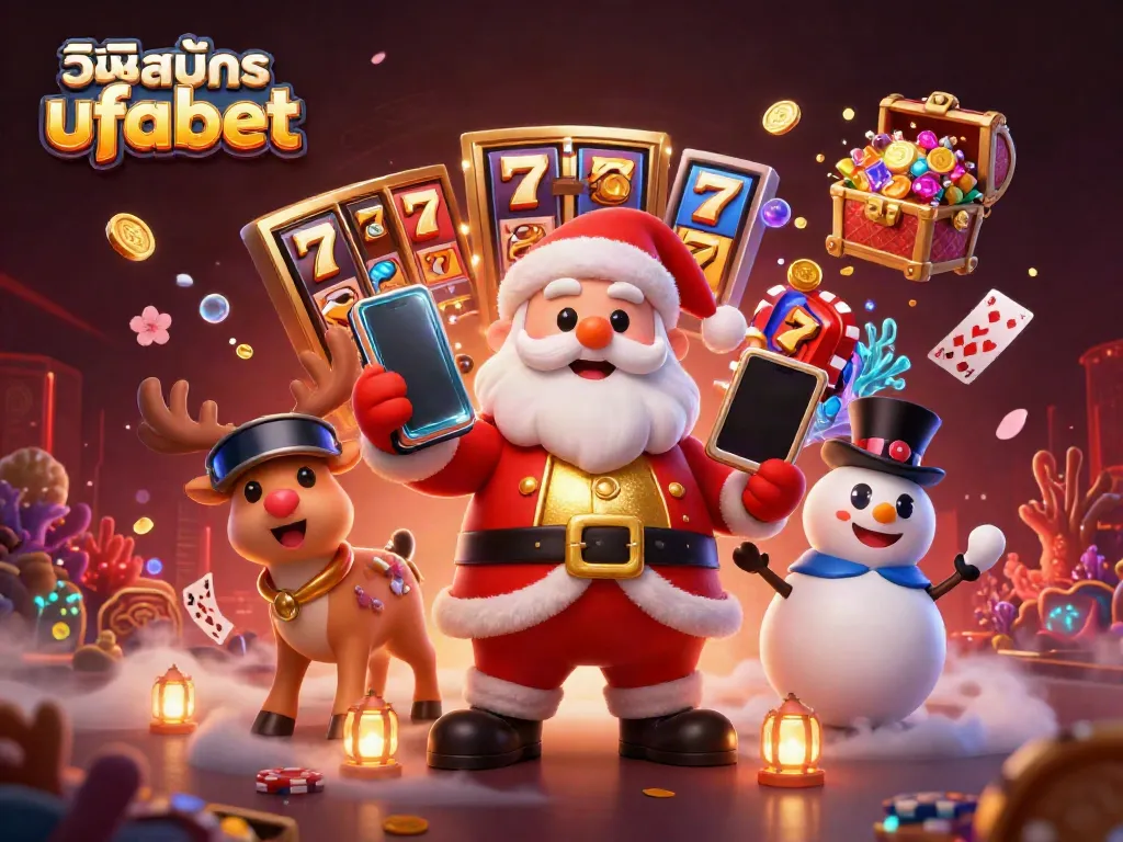 Engage with วิธีสมัคร ufabet using a festive gambling-themed digital art featuring Santa Claus and friends.