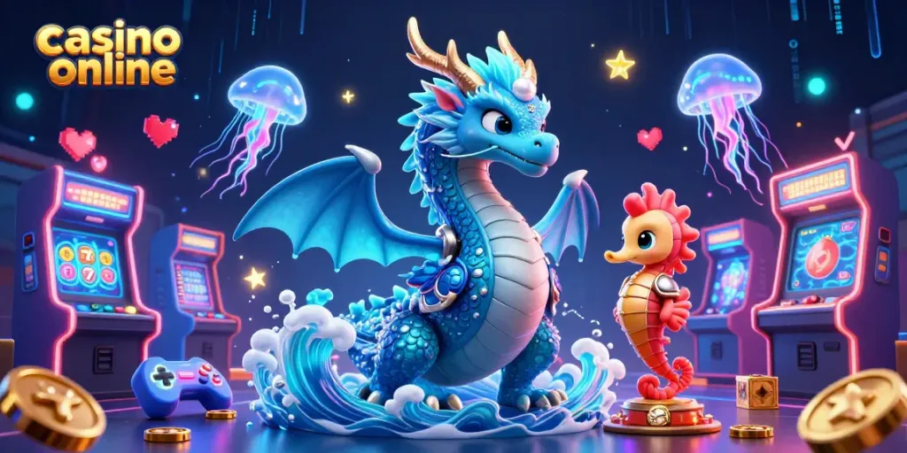 Permainan slot menarik di casino online dengan naga dan kuda laut animasi.