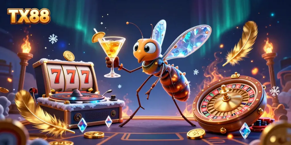 Engage with the TX88 casino experience featuring a unique mascot, rich casino elements, and vibrant visuals.