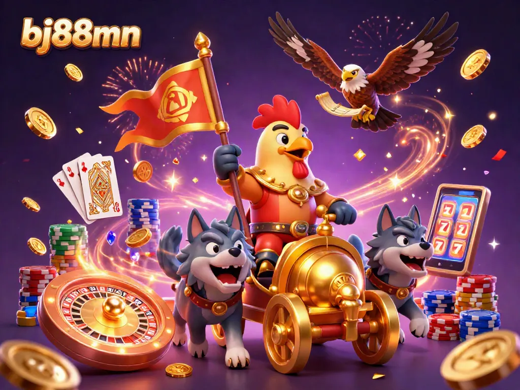 Join the excitement with bj88mn as a rooster warlord leads in a vibrant 3D casino scene.