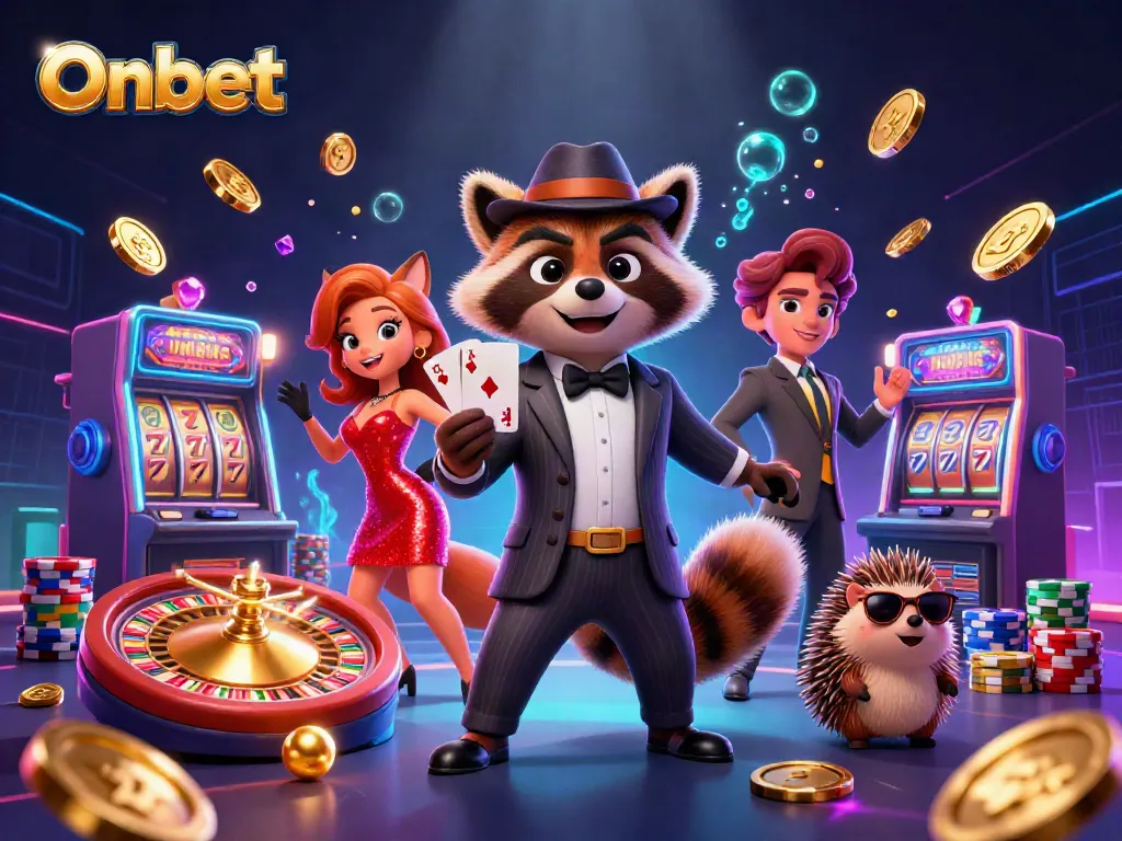 Win big at Onbet with this vibrant casino-themed 3D illustration featuring iconic characters.