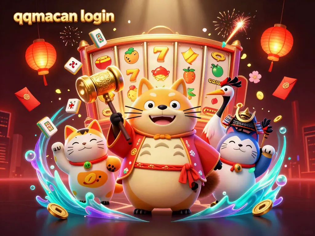 Experience the joy of gambling with qqmacan login, featuring a cheerful tanuki and vibrant slot elements.