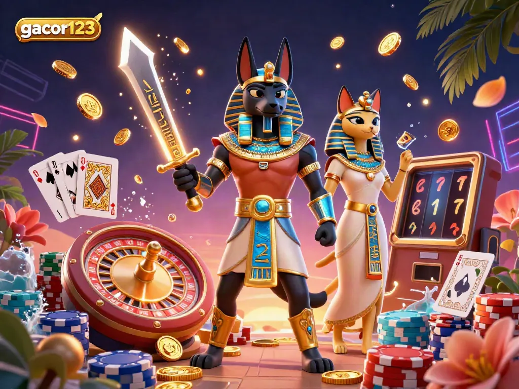 Experience thrilling gambling with gacor123, featuring Anubis and Bastet amidst sparkling coins and live casino elements.