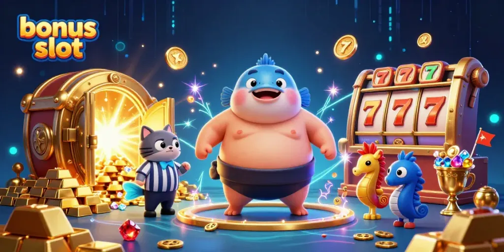 Experience the thrill of bonus slot with colorful characters and dazzling treasures in a vibrant casino-themed underwater scene.