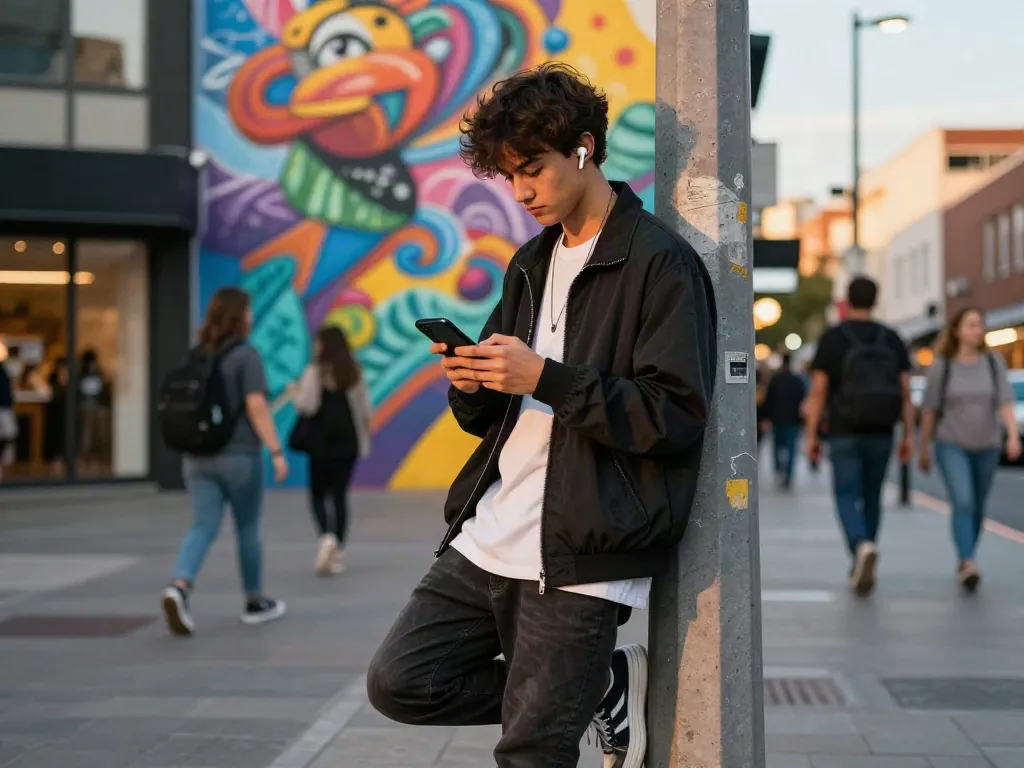 Peh888 urban street fashion scene with a trendy individual engaging with their smartphone against vibrant street art.