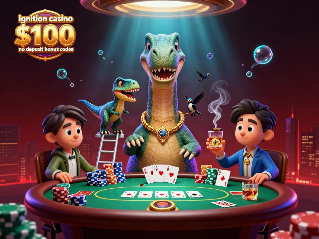 Ignition casino $100 no deposit bonus codes displayed with a cartoon brontosaurus overseeing a poker game scene.