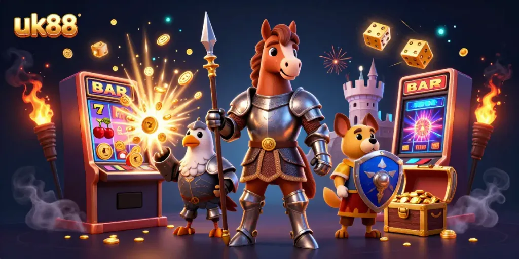 Engage in thrilling casino action at uk88 with a medieval knight, squire puppy, and winning slot machine.