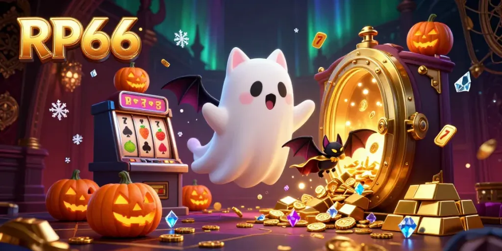 Experience the enchanting gaming world of RP66 with a ghost cat and vampire bat in a haunted casino atmosphere.
