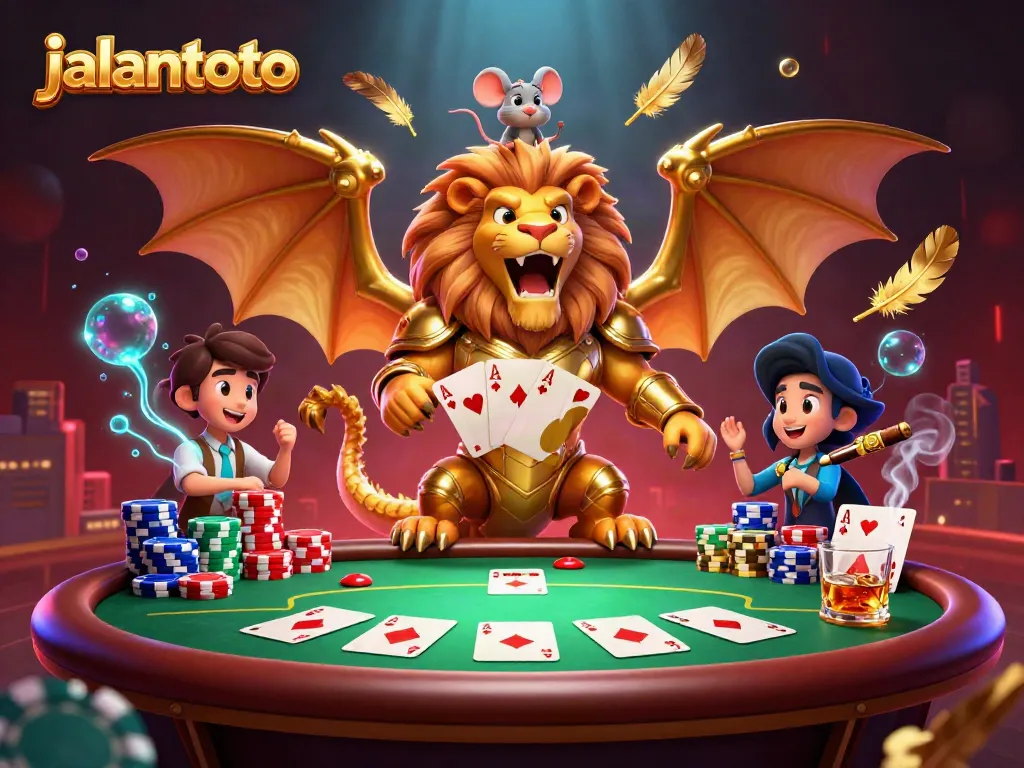 Menangkan peluang dengan jalantoto, mempersembahkan ilustrasi mengesankan permainan kasino yang menampilkan chimera dan elemen poker.