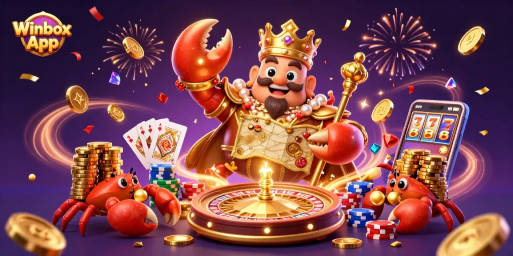 Experience the excitement of the Winbox App with a vibrant casino scene featuring a golden crab emperor.