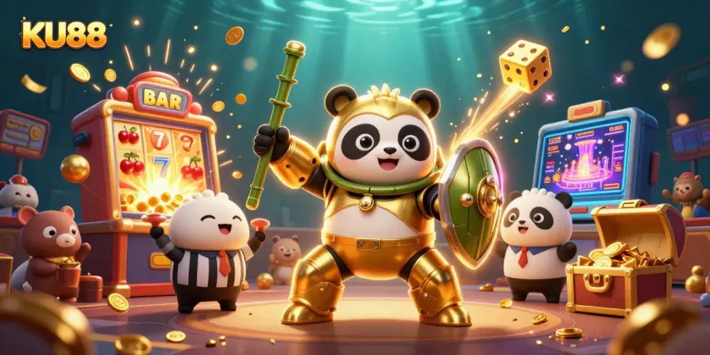 Experience the excitement of KU88 with a vibrant 3D casino illustration filled with thrilling game elements.